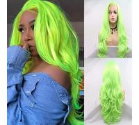 xiweiya Neon Green Wave Real Hair Wig Fluorescent Green Handmade Synthetic Lace Front Wigs for Women Long Body Wave Preplucked Hairline Replacement for Cosplay Party 24inch