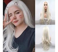 Xiweiya Platinum Blonde Wavy Wig Long White Hair Synthetic Blonde Lace Front Wigs Body Wave Hair White Queen U Part Wig Heat Resistant Fiber 180% Density Wigs for Women 24inch