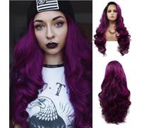 Xiweiya Purple Lace Front Wigs Long Body Wave Hair Purple Color Lace Wigs with Dark Roots Side Part Heat Resistant Fiber Hair 180% Density Wig for Women 26 Inch