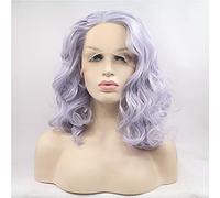 Xiweiya Short Platinum Pueple Curly Cosplay Lace Front Lace Wigs Synthetic Silver Purple Curly Heat Resistant Fiber Wigs Side Parting Short Purple Curly Wig for Women, Drag Queen 14 Inch