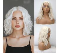 Xiweiya Wigs 14" Inches Curly Short Bob Wig Platinum Blonde Hair 13x3 Synthetic Lace Front Wig White Color with Middle Part Heat Resistant Fiber Hair for Women,Drag Queen Family Makeup Party Wear