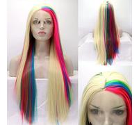 xiweiya Wigs Piano Color Mixed Rose Pink Green to Blue Blonde Lace Front Wigs Multi-colored Straight Wig for Women Heat Resistant Fiber Wig for Drag Queen Halloween Cosplay Wigs