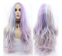 Xiweiya Wigs Rainbow Multi Color Synthetic Wig Long Body Wavy Blonde Purple Pink Mixed Color None Lace for Girl Party