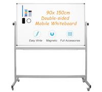 XIWODE Large Mobile Double-Sided Revolving Magnetic Whiteboard, 150 x 90cm, Movable Dry Erase Board on Wheels, Office Classroom Portable Easel with Silver Stand
