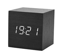 Xixian Wooden Alarm Clock, LED Display Voice Control, Time and Temperature Display, 6x6x6cm, for Home Decor, with Gentle LED Lights at Night, (Black Wood + White Light)
