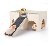 Xixihop Guinea Pig Hideout with Platform & Stairs, 2-Tier Wooden House Castle for Bunny, Chinchilla, Rat & Hamster