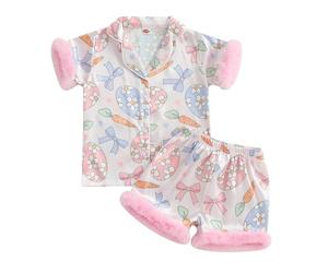 XIXIMAON 1-10Y Baby Girls Easter Pajamas Set Short Sleeve Button Down Easter Eggs Carrot Print Feather Trim Satin Shirt Elastic Shorts Set 2pcs Sleepwear (Pink, 5-6 Years)