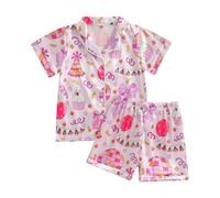 XIXIMAON 1-9Y Girls Summer Satin Pyjama Set Cake Print Short Sleeve Button Shirt Shorts Pjs Set Little Girl Birthday Pjs Nightgown Outfit Loungewear (Pink, 4-5 Years)