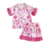 XIXIMAON 1-9Y Girls Summer Satin Pyjama Set Cake Print Short Sleeve Button Shirt Shorts Pjs Set Little Girl Birthday Pjs Nightgown Outfit Loungewear (Peach Pink, 3-4 Years)