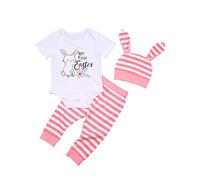 XIXIMAON 3Pcs Newborn Summer Clothes Easter Outfits My First Easter Rabbit Romper Striped Trousers Leggings Bunny Hat Set