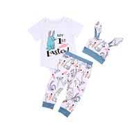 XIXIMAON 3Pcs Newborn Summer Clothes Easter Outfits My First Easter Rabbit Romper Striped Trousers Leggings Bunny Hat Set (Blue, 0-6 Months)