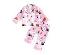 XIXIMAON 6M-6Years Girl Halloween Pajamas Set Pumpkin Ghost Print Plush Cuff Long Sleeve Button Up Plaid Shirts Lounge Pants Set 2pcs Toddler Silk Pjs Kids Sleepwear