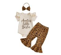XIXIMAON Aunties Bestie Baby Outfit Girl Bodysuit Flared Pants Headband Set (Beige, 0-3 Months)