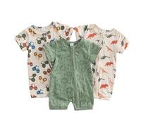 XIXIMAON Baby Boy 3 Pack Rompers Cute Dinosaur Tractor Floral Short Sleeve Zipper Jumpsuits Newborn Soft Cotton Clothes Boy Summer One Piece Bodysuit (Colorful, 3-6 Months)