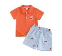XIXIMAON Baby Boy Easter Outfits Rabbit Carrot Embroidery Lapel Collar Short Sleeves Shirt Stripe Shorts 2pcs Infant Summer Gentleman Clothes Set (Orange, 12-18 Months)