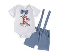 XIXIMAON Baby Boy First Birthday Outfit Number Letters Print Bow Tie Romper Solid Color Suspender Shorts 2pcs Toddler Summer Cake Smash Party Clothes (White, 12-18 Months)