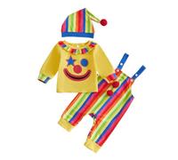 XIXIMAON Baby Boy Halloween Clown Outfits Shirt Overalls Hat 3 Pieces Set | Newborn Halloween Clothes Clown Print Long Sleeve Jumper Top Suspender Pants Hat Set Infant Boy Funny Clown Circus Outfits