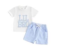 XIXIMAON Baby Boy Matching Brother Outfits Lil Bro Embroidery Short Sleeve T-Shirts Big Brother Plaid Shorts 2pcs Newborn Summer Sibling Clothes Set (Sky Blue, 3-6 Months)