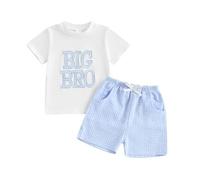 XIXIMAON Baby Boy Matching Brother Outfits Lil Bro Embroidery Short Sleeve T-Shirts Big Brother Plaid Shorts 2pcs Newborn Summer Sibling Clothes Set (Blue, 12-18 Months)