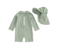 XIXIMAON Baby Boy One Piece Swimsuit Striped Jumpsuit Beachwear Long Sleeve Half Zipper Swimwear with Hat Newborn Bathing Suit Toddler Boy Rash Guard (Green, 6-12 Months)