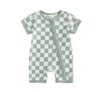 XIXIMAON Baby Boy Romper Newborn One Piece Outfit Boys Summer Clothes Checkerboard Print Short Sleeve Zip Up Knitted Jumpsuit Waffle Playsuit 0-18M (Green, 0-3 Months)