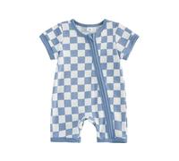 XIXIMAON Baby Boy Romper Newborn One Piece Outfit Boys Summer Clothes Checkerboard Print Short Sleeve Zip Up Knitted Jumpsuit Waffle Playsuit 0-18M (Blue, 12-18 Months)