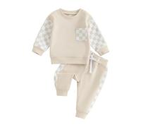 XIXIMAON Baby Boy Spring Autumn Outfits Long Sleeve Crew Neck Sweatshirt Tops Elastic Joggers 2 Piece Toddler Tracksuit Newborn Checkerboard Clothes