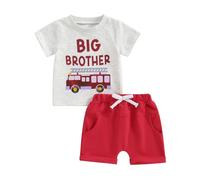 XIXIMAON Baby Boy Summer Clothes Toddler Big Bro Shorts Set Tractor Print Short Sleeve t-Shirts Drawstring Elastic Shorts Set 2pcs (Red, 2-3 Years)