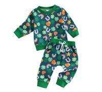 XIXIMAON Baby Boys Girls 2pcs Green Tracksuit Set Clover Rainbow Print Long Sleeve Sweatshirt Top Pants Set Toddler Kids Clothes Jogger Set (Green, 18-24 Months)