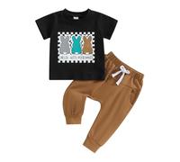 XIXIMAON Baby Boys Spring Outfits Short Sleeve Eggs Chicks Bunny Letter Print Tee Shirt Top Elastic Trousers 2pcs Toddler Easter Clothes Set (Black, 0-6 Months)