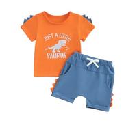 XIXIMAON Baby Boys Summer Outfits Short Sleeve Round Neck Letter Dinosaur Embroidery Shirts Solid Color Pocket Elastic Shorts 2pcs kids Clothes Set (Orange, 12-18 Months)