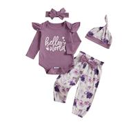 XIXIMAON Baby Girl Coming Home Outfit Newborn Autumn Clothes Letter Print Long Sleeve Ruffle Ribbed Romper Floral Trousers Headband Hat 4pcs Clothing (Purple, Newborn)
