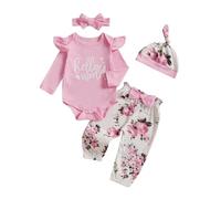 XIXIMAON Baby Girl Coming Home Outfit Newborn Autumn Clothes Letter Print Long Sleeve Ruffle Ribbed Romper Floral Trousers Headband Hat 4pcs Clothing (Pink, Newborn)