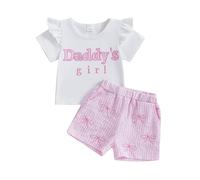 XIXIMAON Baby Girl Fathers Day Outfit Short Flying Sleeve Letter T-Shirt Bow Strawberry Embroidery Stripe Shorts 2 Piece Set Toddler Summer Clothes (White, 18-24 Months)