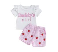 XIXIMAON Baby Girl Fathers Day Outfit Short Flying Sleeve Letter T-Shirt Bow Strawberry Embroidery Stripe Shorts 2 Piece Set Toddler Summer Clothes (Pink, 18-24 Months)