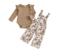 XIXIMAON Baby Girl Outfit Ribbed Knitted Bodysuit Floral Dungarees Set 2Pcs | Solid Color Long Sleeve Romper Flower Camouflage Print Suspender Trousers Infant Overall Outfit Newborn Spring Autumn Clothes