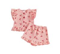 XIXIMAON Baby Girl Summer 2 Piece Cotton Linen Shorts Set Cherry Print Flying Sleeve Crew Neck Button Down Shirt Tank Tops Bow Ruffle Shorts Set Toddler Girl Cute Outfits (Pink, 18-24 Months)
