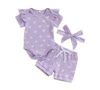 XIXIMAON Baby Girl Summer Outfits Ruffle Short Sleeve Crew Neck Romper Elastic Waist Shorts Headband 3pcs Bow Print Newborn Ribbed Cotton Clothes (Purple, 0-3 Months)