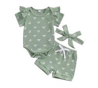 XIXIMAON Baby Girl Summer Outfits Ruffle Short Sleeve Crew Neck Romper Elastic Waist Shorts Headband 3pcs Bow Print Newborn Ribbed Cotton Clothes (Green, 6-12 Months)