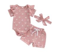 XIXIMAON Baby Girl Summer Outfits Ruffle Short Sleeve Crew Neck Romper Elastic Waist Shorts Headband 3pcs Bow Print Newborn Ribbed Cotton Clothes (Pink, 6-12 Months)