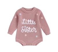 XIXIMAON Baby Girl Sweater Little Sister Flower Embroidery Long Sleeve Crew Neck Knitted Rompers Newborn Autumn Winter Bodysuits Girls Jumpsuit 0-12M (Rose Pink, 0-3 Months)