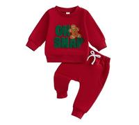 XIXIMAON Baby Girls Boys Christmas Outfits 2pcs Long Sleeve Gingerbread Embroidery Lettered Sweatshirt Jumper Elastic Pants Set Toddler Clothes (Red, 2-3T)