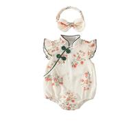 XIXIMAON Baby Girls Chinese Outfit Floral Print Embroidery Frog Button Romper Flying Sleeve Jumpsuit Headband Set Toddler Girl Summer Party Clothes (Light Yellow, 6-9 Months)