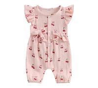 XIXIMAON Baby Girls Rompers Cherry Print Round Neck Flying Sleeve Bow Decor Button Down Bodysuits Infant Outfit Newborn Summer Clothes Linen Jumpsuit (Pink, 0-3 Months)