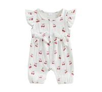 XIXIMAON Baby Girls Rompers Cherry Print Round Neck Flying Sleeve Bow Decor Button Down Bodysuits Infant Outfit Newborn Summer Clothes Linen Jumpsuit (White, 12-18 Months)