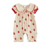 XIXIMAON Baby Girls Rompers Cherry Print Round Neck Flying Sleeve Bow Decor Button Down Bodysuits Infant Outfit Newborn Summer Clothes Linen Jumpsuit (Strawberry, 0-3 Months)