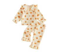 XIXIMAON Baby Halloween Outfit Toddler Girls Soft Linen Shirts Trousers Set | Pumpkin Polka Dot Print Frill Hem, Long Sleeve Button Tops Elastic Pants Kids Autumn Clothes Girls Cotton Clothing Sets
