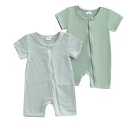XIXIMAON Baby Romper 2 Piece Set Stripe Short Sleeve Jumpsuit Zipper Bodysuit Unisex Newborn Summer Clothes Toddler Boy Rompers Girl One Piece Outfit (Green, 0-3 Months)