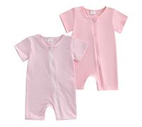 XIXIMAON Baby Romper 2 Piece Set Stripe Short Sleeve Jumpsuit Zipper Bodysuit Unisex Newborn Summer Clothes Toddler Boy Rompers Girl One Piece Outfit (Pink, 3-6 Months)