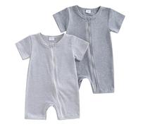 XIXIMAON Baby Romper 2 Piece Set Stripe Short Sleeve Jumpsuit Zipper Bodysuit Unisex Newborn Summer Clothes Toddler Boy Rompers Girl One Piece Outfit (Gray, 3-6 Months)